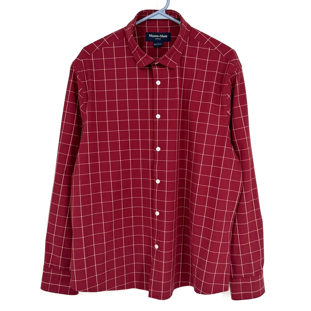 Mizzen+Main Leeward Men Large Burgundy Windowpane Classic No Tuck Shirt 1WS-1332